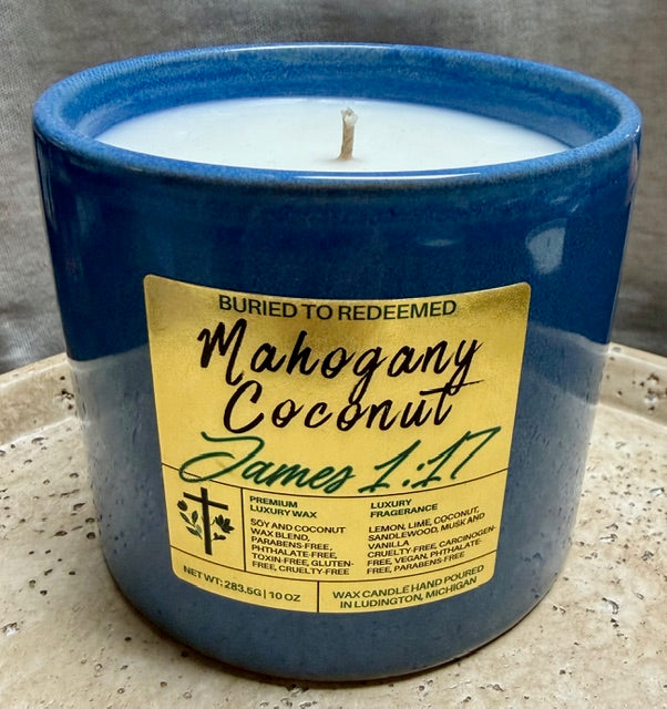Bible Verse Mahogany Coconut Candle - James 1:17 - 10 oz - Premium USA Ingredients