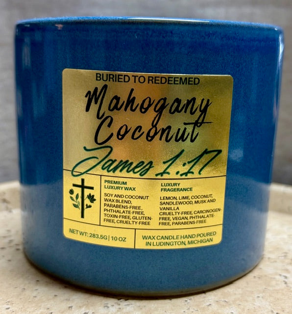 Bible Verse Mahogany Coconut Candle - James 1:17 - 10 oz - Premium USA Ingredients
