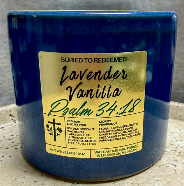 Bible Verse Lavender Vanilla Candle - Psalm 34:18 - 10 oz - Premium USA Ingredients