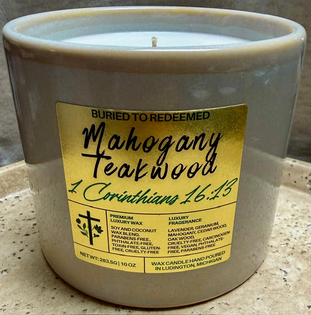 Bible Verse Mahogany Teakwood Candle - 1 Corinthians 16:13 - 10 oz - Premium USA Ingredients