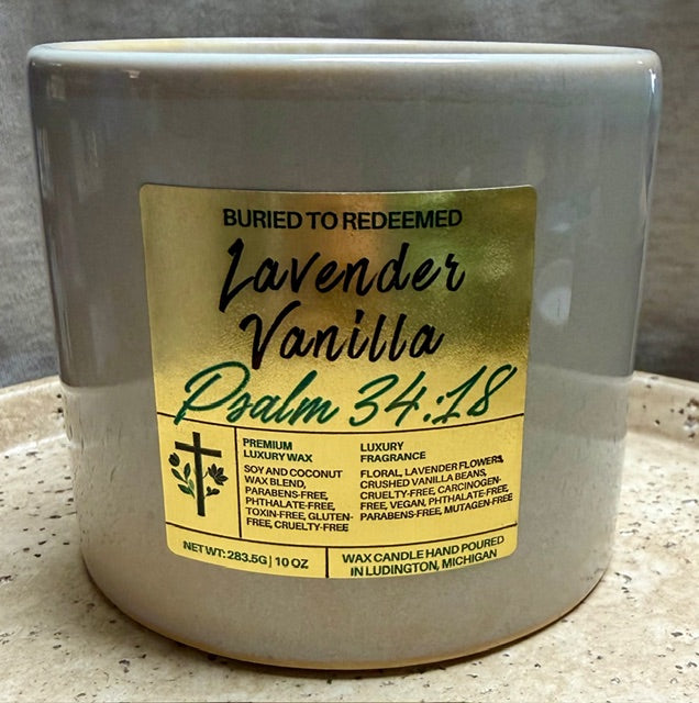 Bible Verse Lavender Vanilla Candle - Psalm 34:18 - 10 oz - Premium USA Ingredients