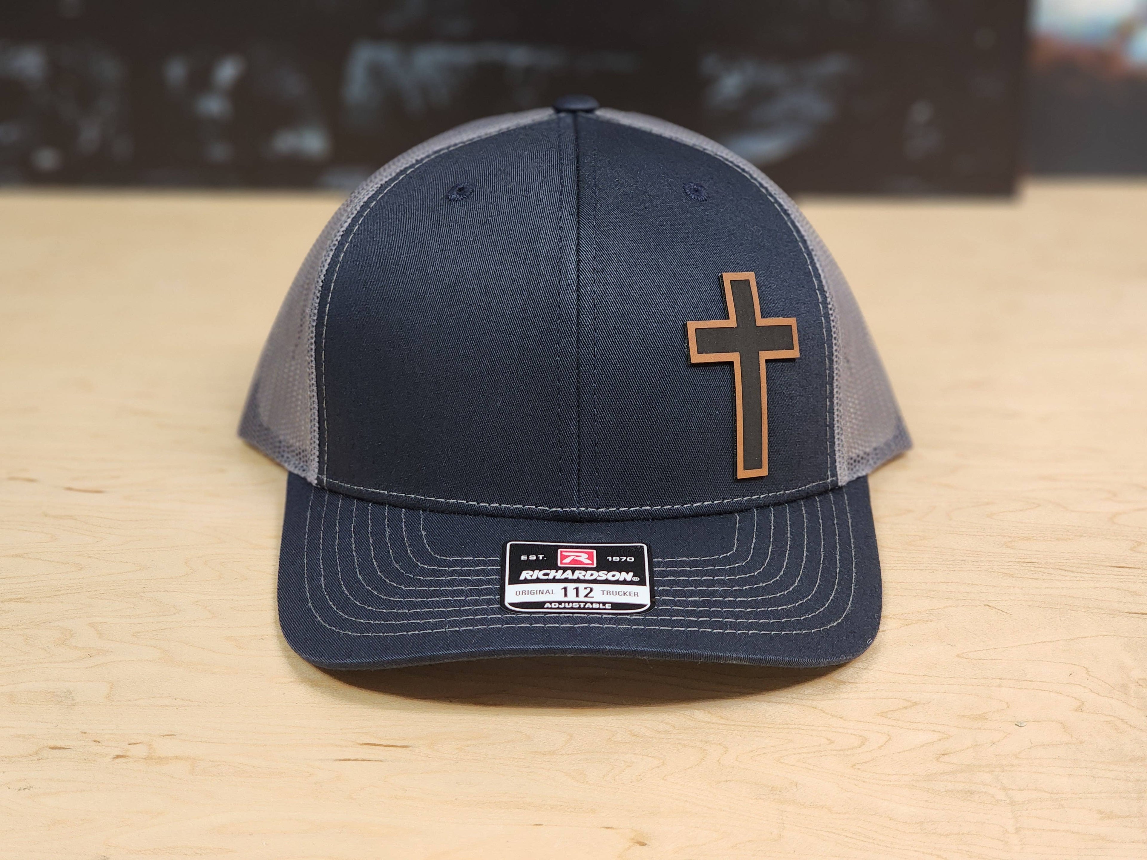 Navy Mesh Faith Hat with Brown Cross Design