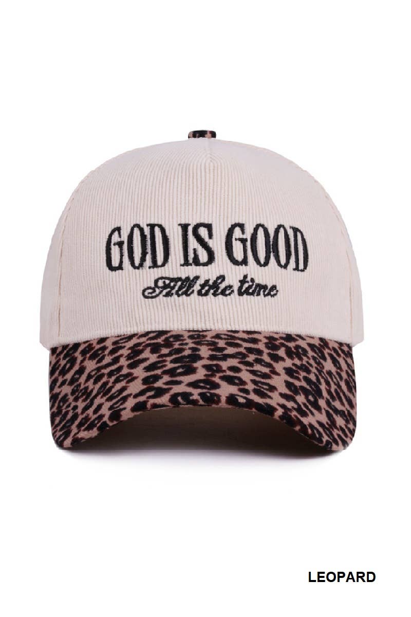 God is Good All The Time Cheetah Brim Women's Hat in Corduroy