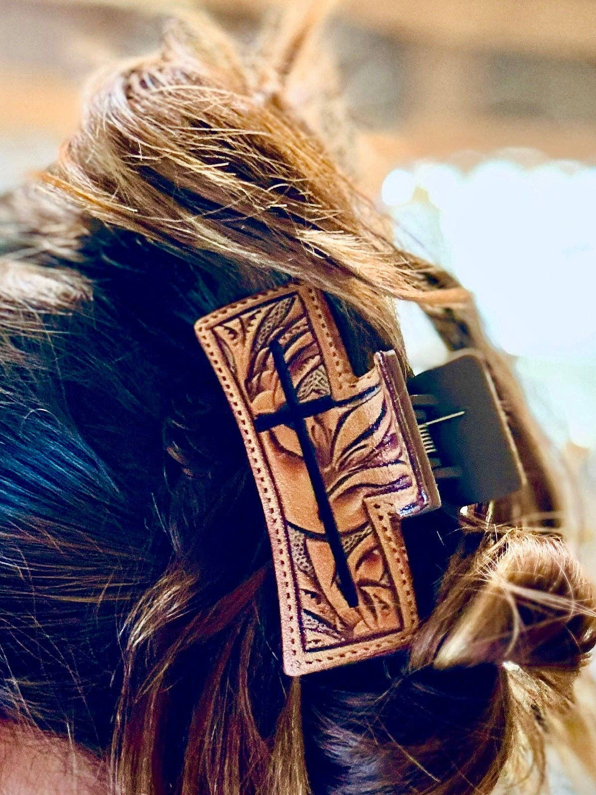 Engraved Cross Leather Claw Clip – Faith-Inspired Hair Accessory