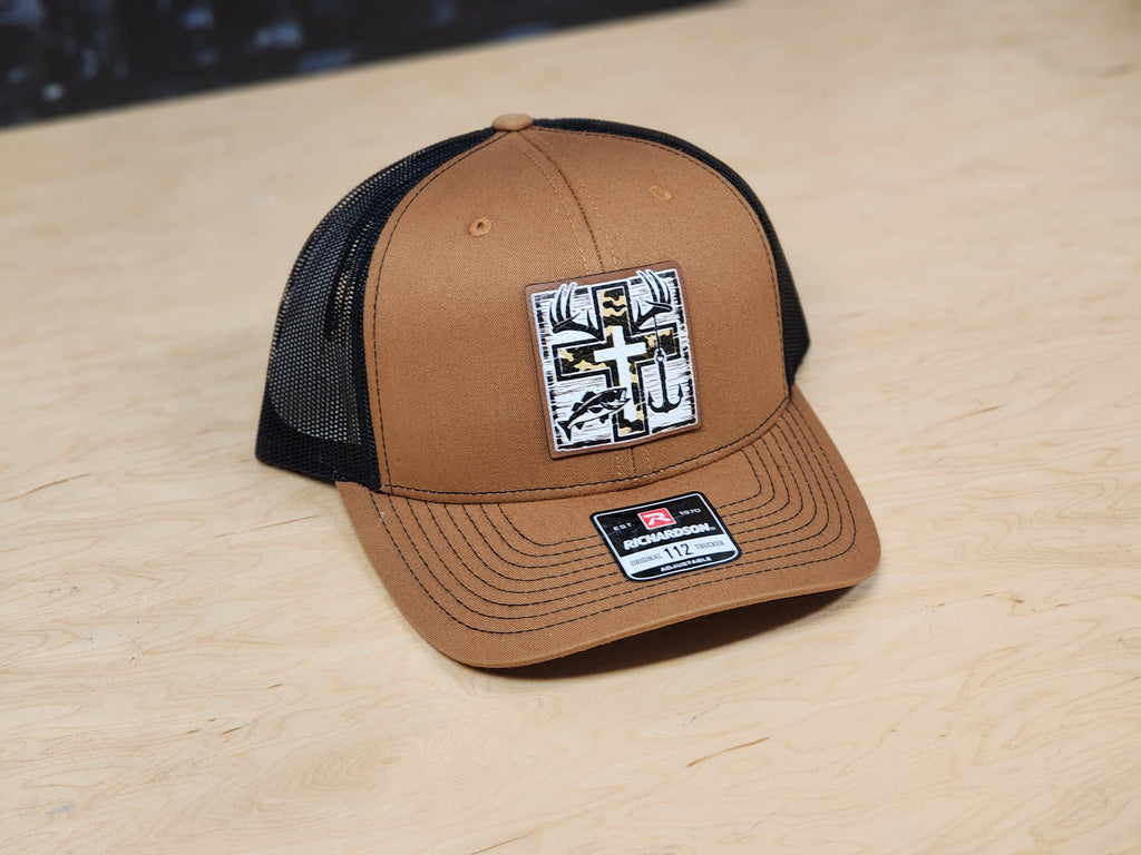 Hat - Trucker Hat with Fishing Hook Cross Patch - Tan/Black