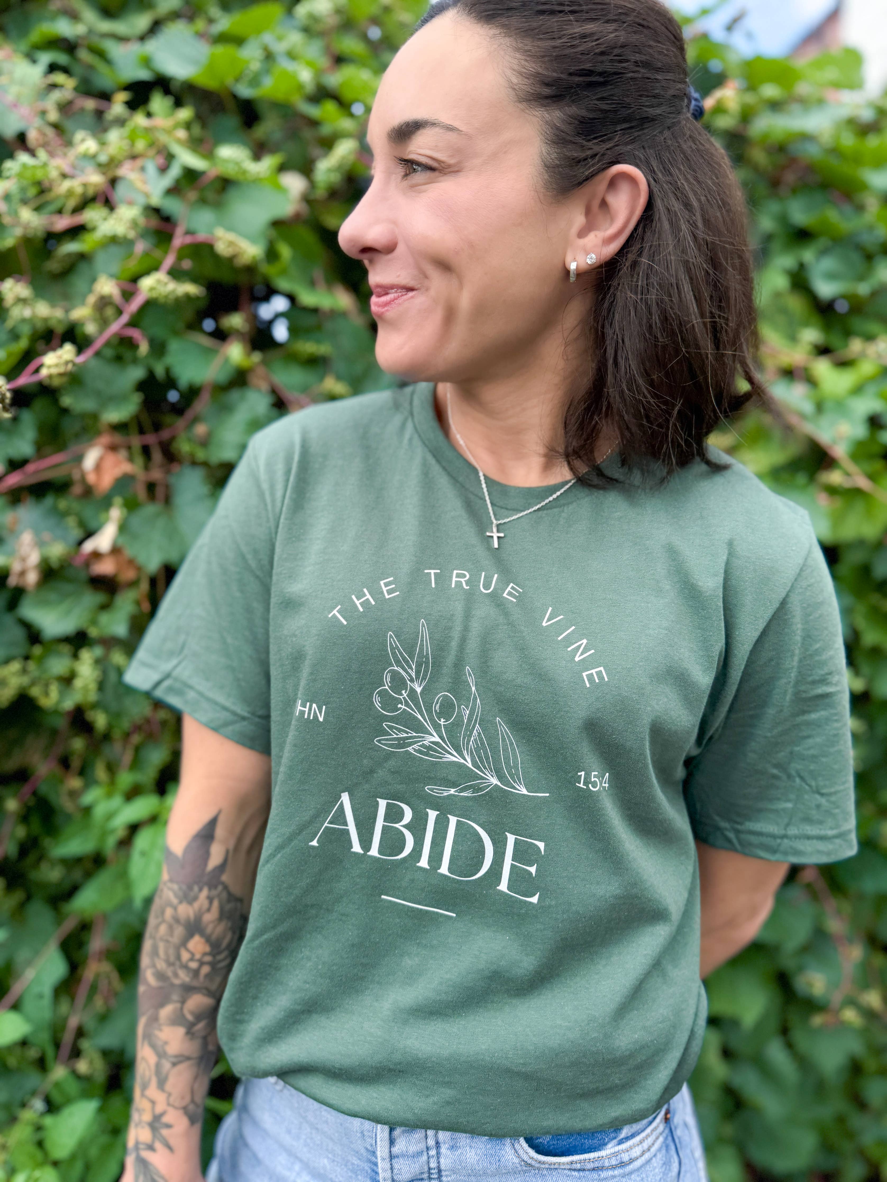 Abide Olive Branch Vine Women's Christian Graphic T-Shirt