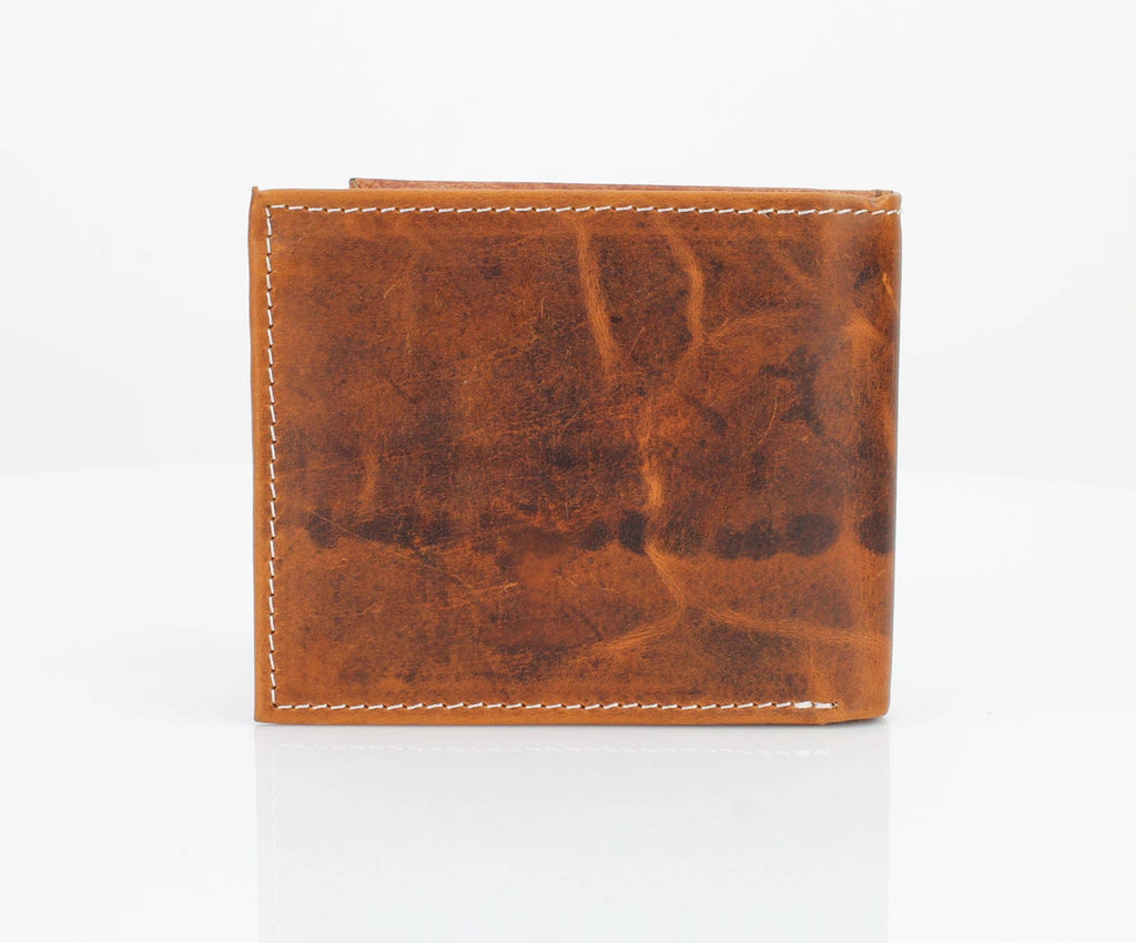 Genuine Leather Bison Bifold Wallet - Oil Pull Up Kneeling Cowboy Concho