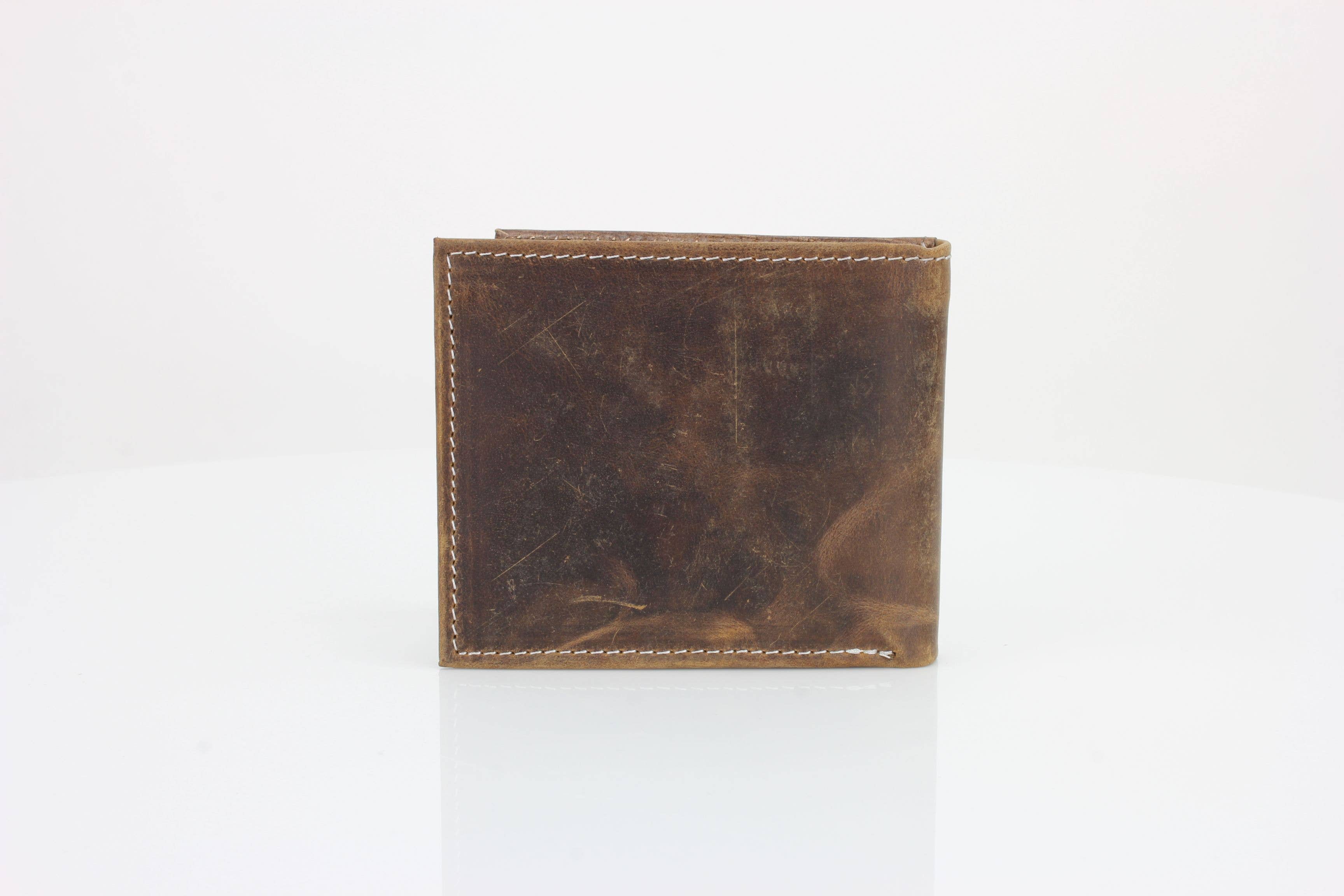 Genuine Leather Bison Bifold Wallet - Oil Pull Up Kneeling Cowboy Concho