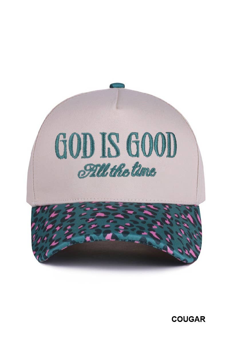 God is Good All the Time Cheetah Print Brim in Blue and Pink.