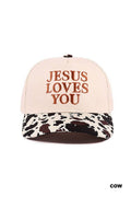 Jesus Loves You Two Tone Hat Embroidered with Cow, Leopard or Flower Print
