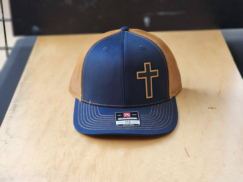 Navy Tan Mesh Trucker Hat with Cross Design