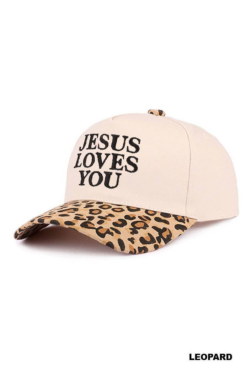 Jesus Loves You Two Tone Hat Embroidered with Cow, Leopard or Flower Print