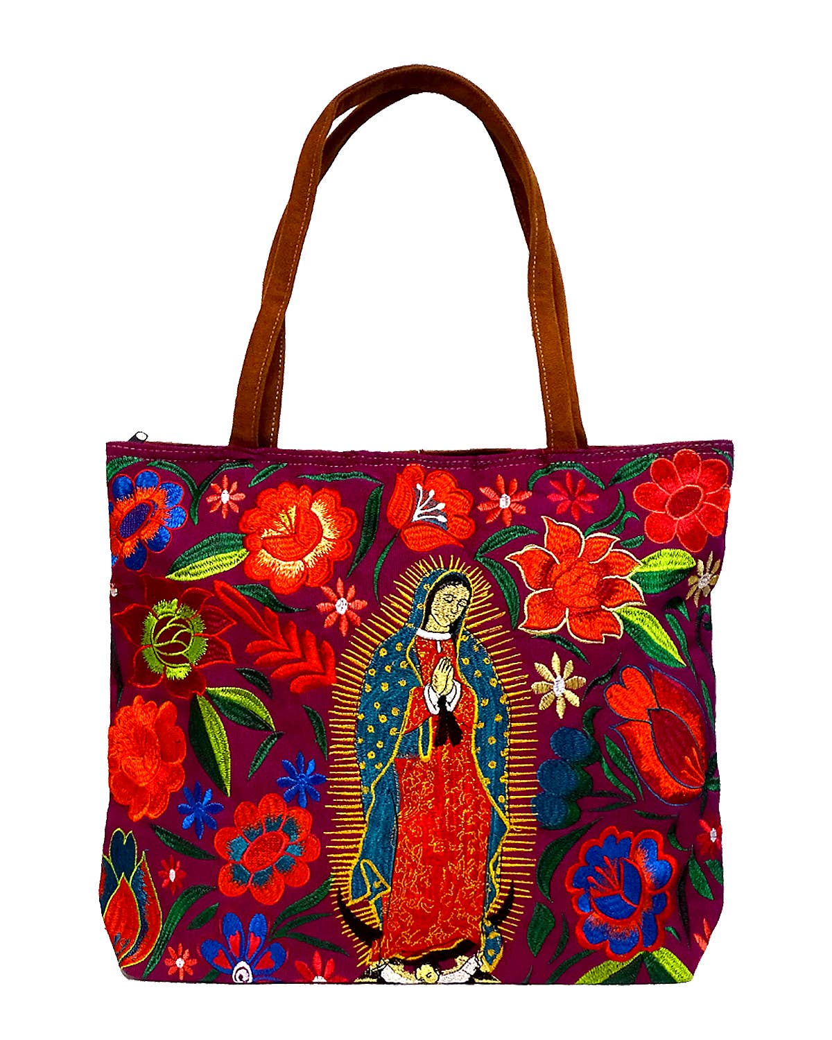 Embroidered Floral Guadalupe Large Suede Purse Tote Bag