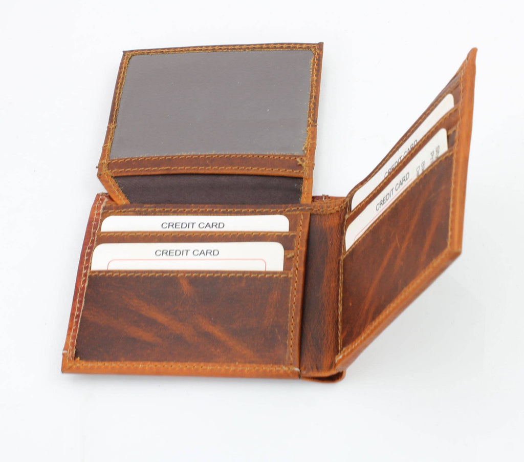 Genuine Leather Bison Bifold Wallet - Oil Pull Up Kneeling Cowboy Concho