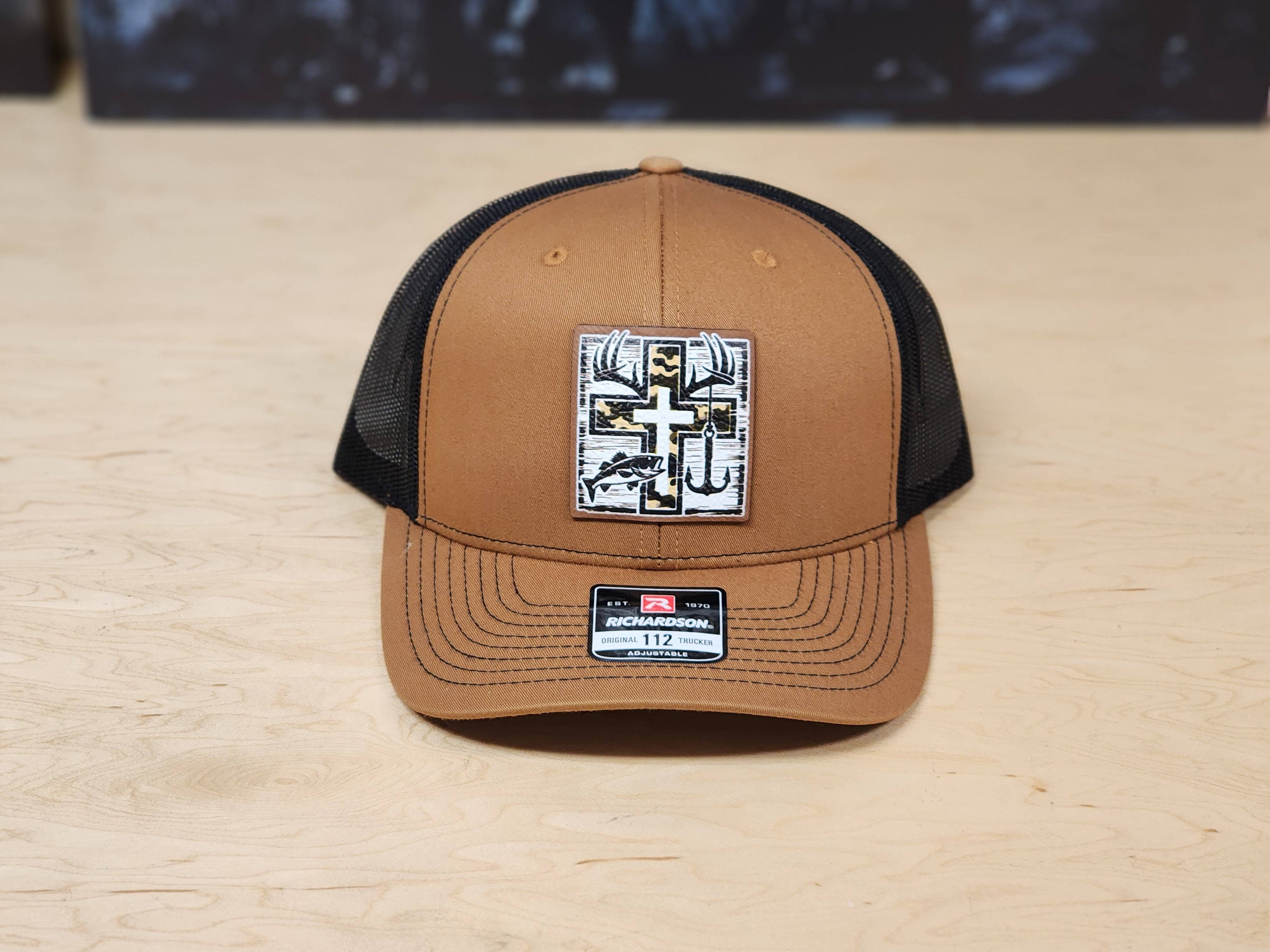 Hat - Trucker Hat with Fishing Hook Cross Patch - Tan/Black