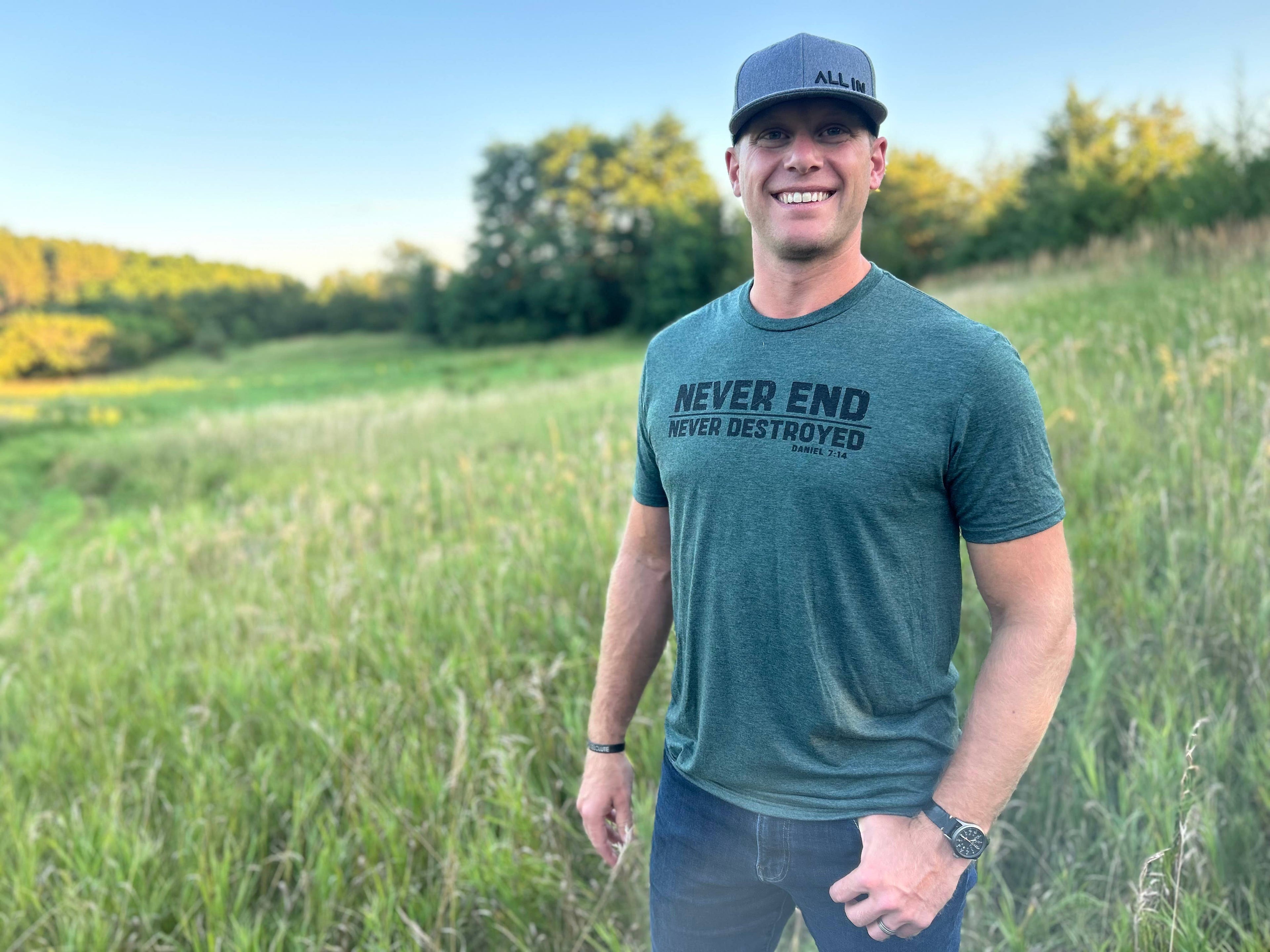 Men's Christian bible verse Tee - Never End, Never Destroyed