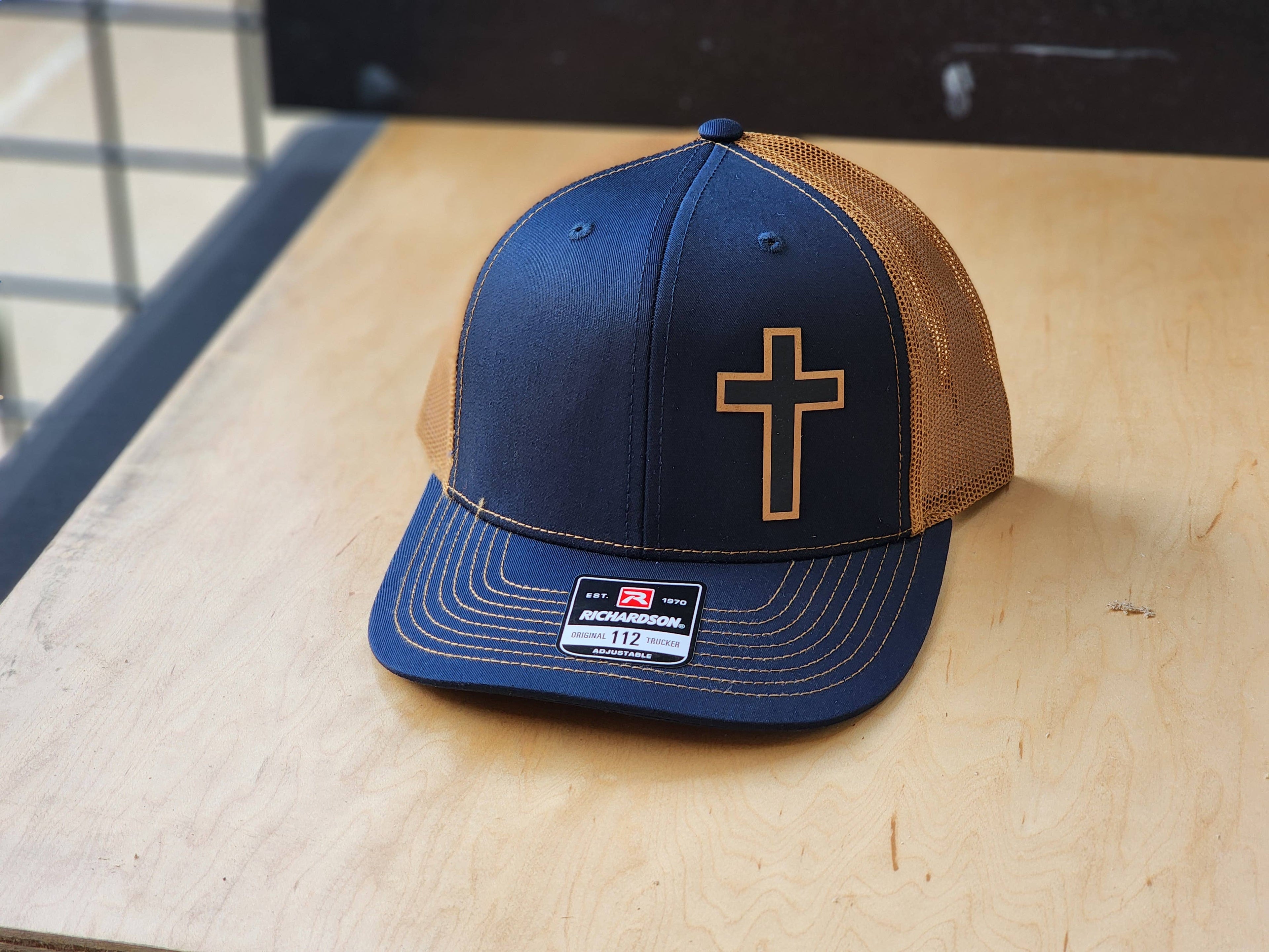 Navy Tan Mesh Trucker Hat with Cross Design
