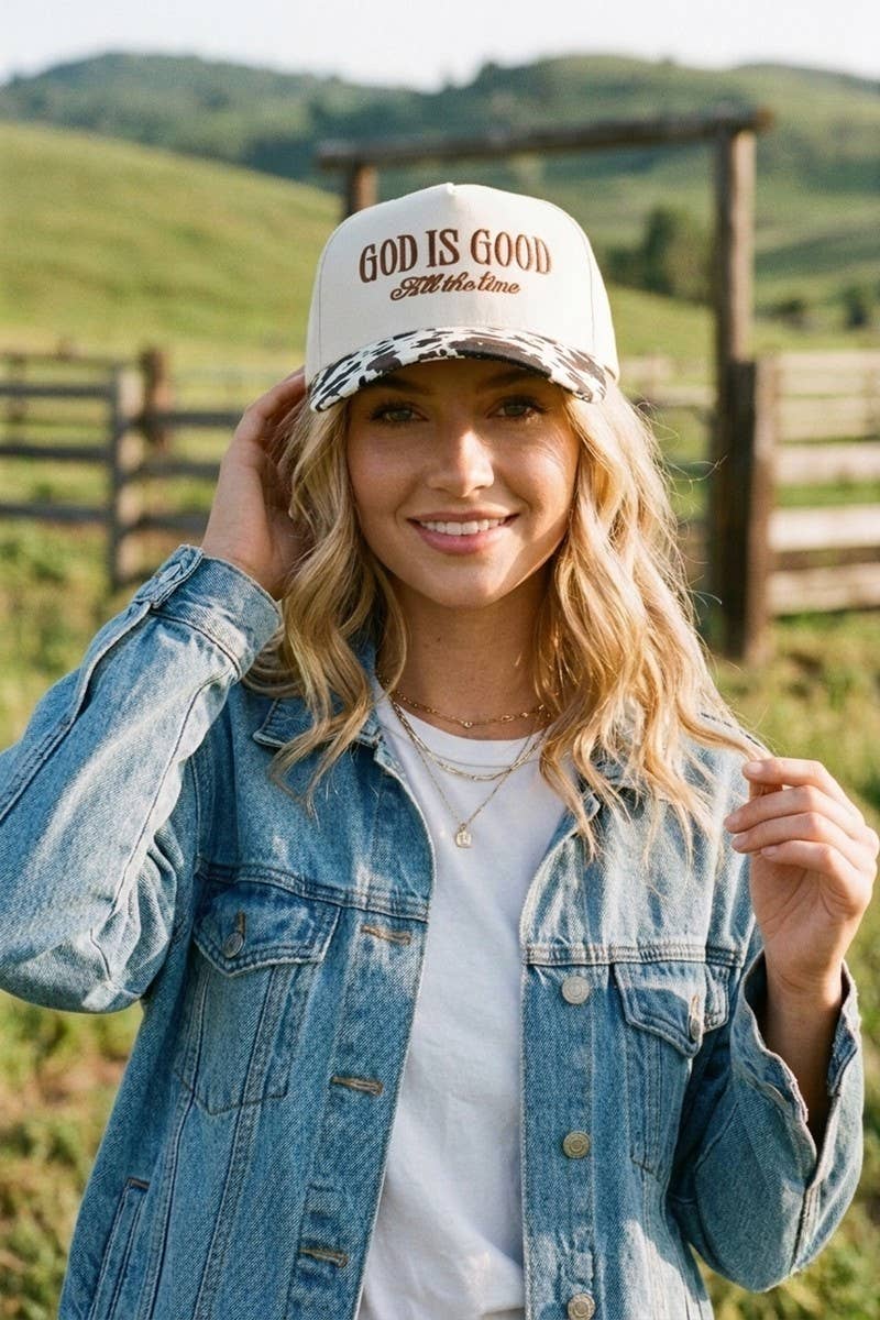 God Is Good All The Time Hat Embroidered in Cow or Camo